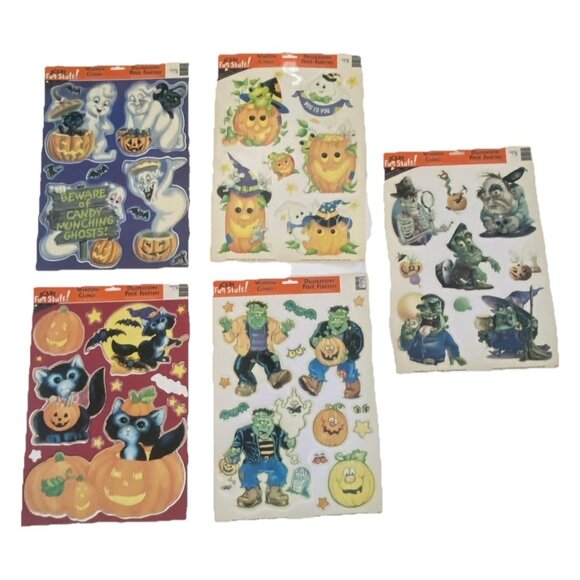 Vtg Fall Halloween Vinyl Window Clings Lot 5 Pumpkin Witch Cat Ghost Decor - Picture 2 of 16